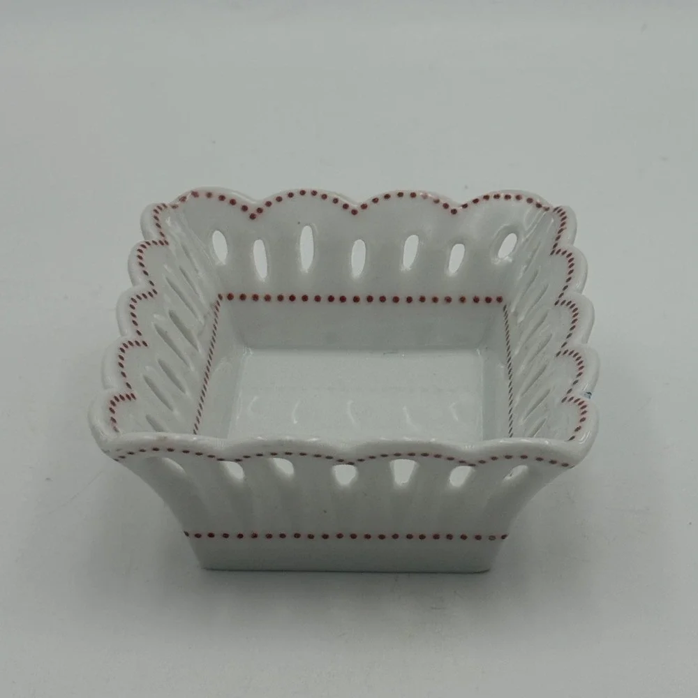 Andrea by Sadek Williamsburg Reticulated Porcelain Trinket Dish White Red Dot